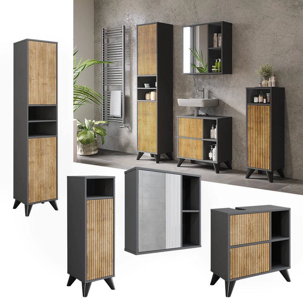 Vicco Badmöbel-Set Anthrazit/Bergeiche Set 4, Leano