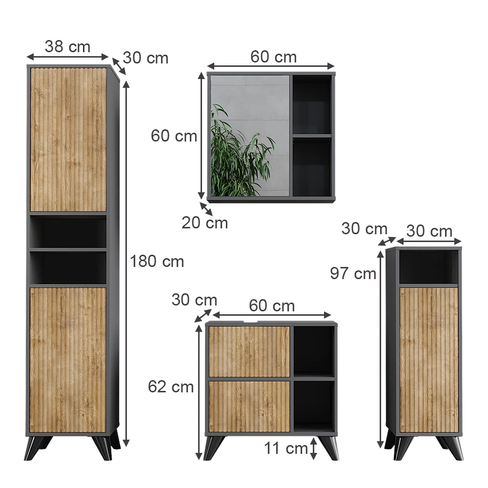 Vicco Badmöbel-Set Anthrazit/Bergeiche Set 4, Leano