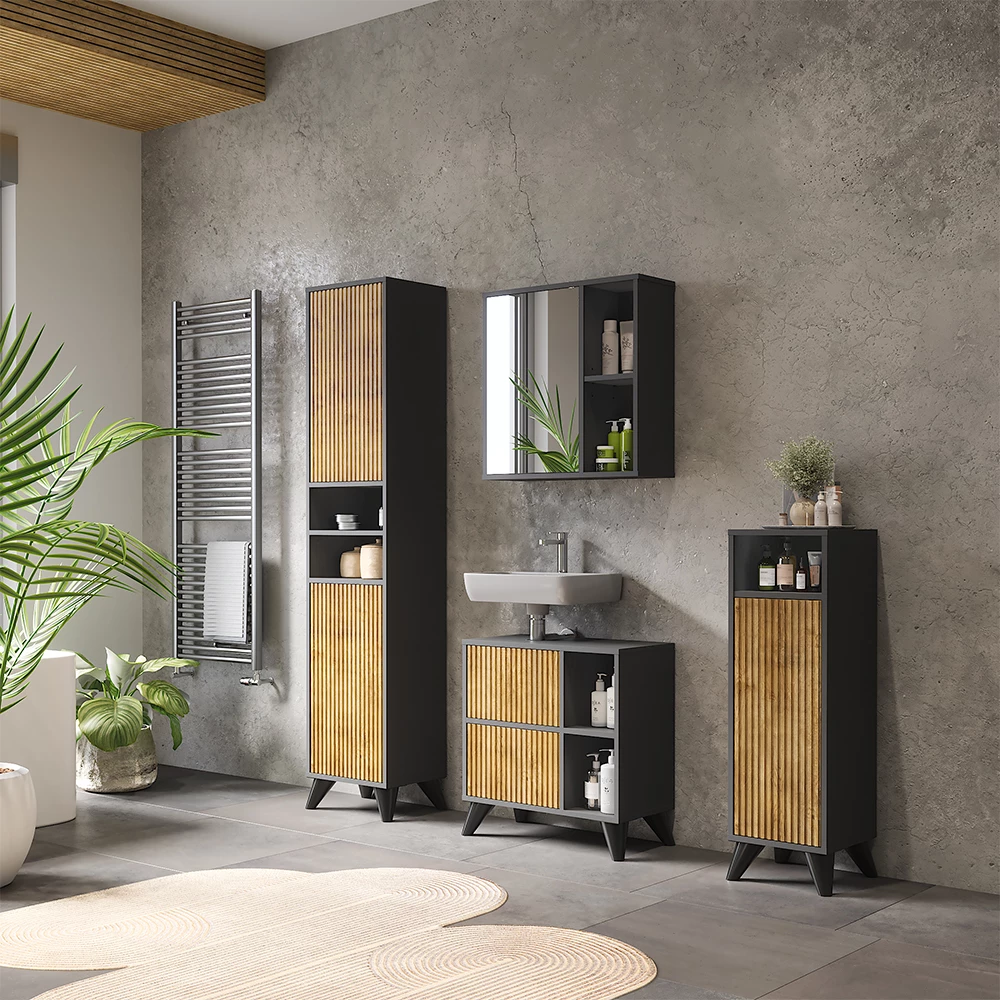 Vicco Badmöbel-Set Anthrazit/Bergeiche Set 4, Leano