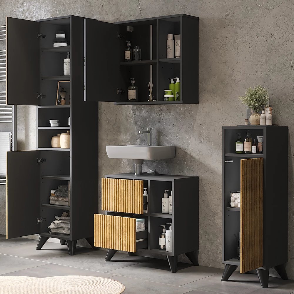 Vicco Badmöbel-Set Anthrazit/Bergeiche Set 4, Leano