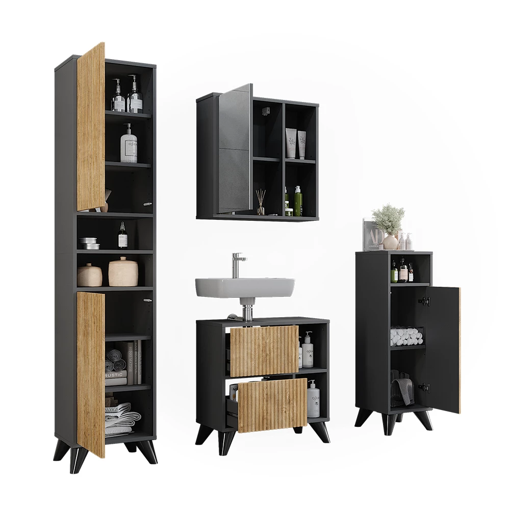 Vicco Badmöbel-Set Anthrazit/Bergeiche Set 4, Leano