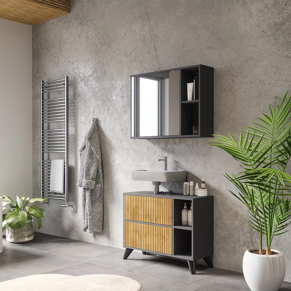 Vicco Set di mobili da bagno Antracite/quercia di montagna Set 1, Leano