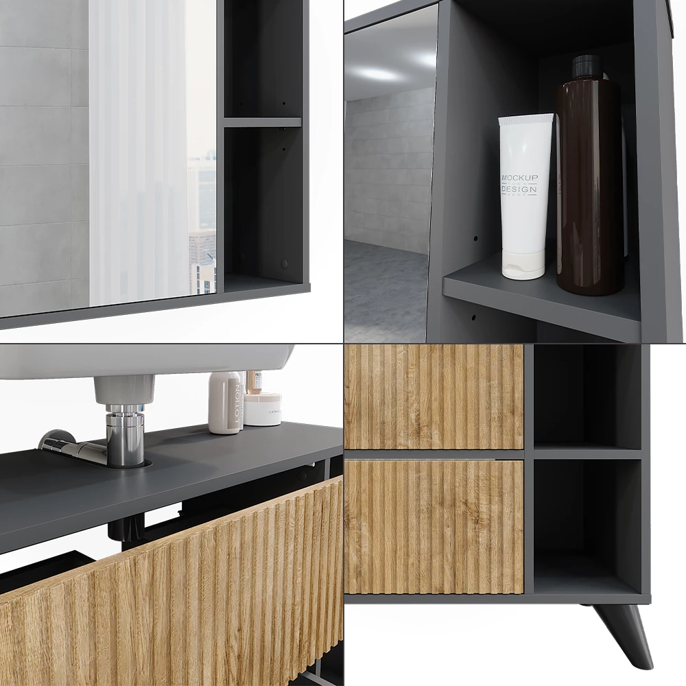 Vicco Set di mobili da bagno Antracite/quercia di montagna Set 1, Leano