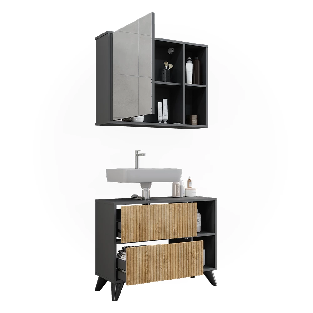 Vicco Set di mobili da bagno Antracite/quercia di montagna Set 1, Leano