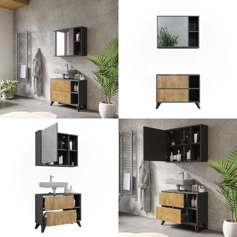 Vicco Set di mobili da bagno Antracite/quercia di montagna Set 1, Leano