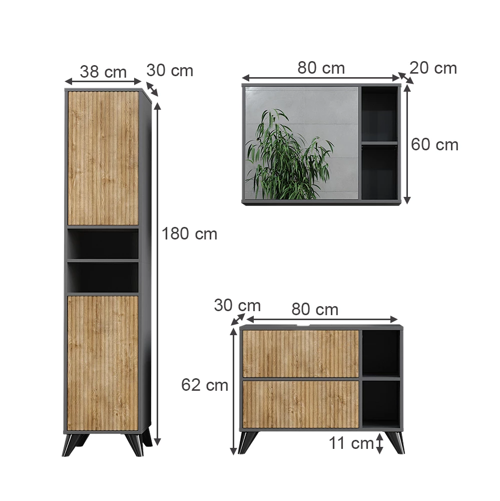 Vicco Badkamermeubelset Antraciet/berg eik 80 cm, set 3, Leano