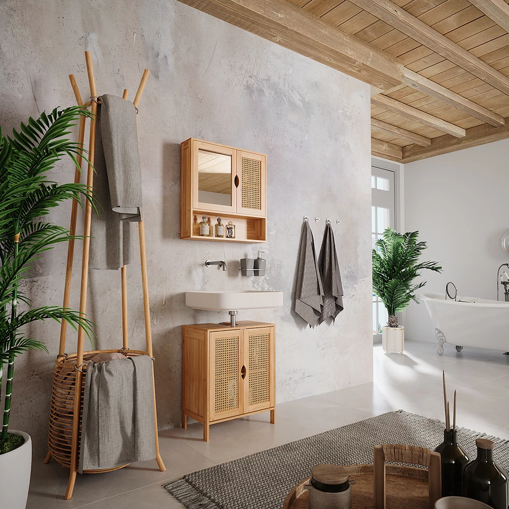 Badkamermeubelset in Bamboe, getoond in een sfeervolle omgeving met decoratie
