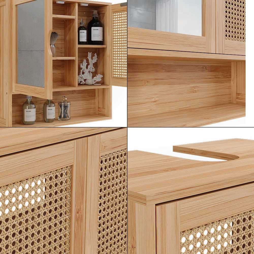 Close-up van Badkamermeubelset in Bamboe, met ontwerp- en oppervlakte-details