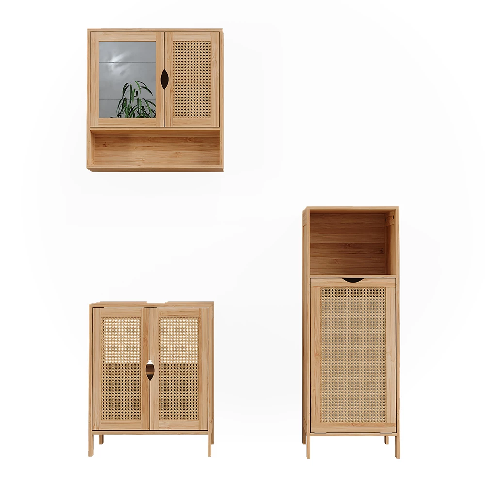 Badmöbel-Set in Bambù su sfondo bianco