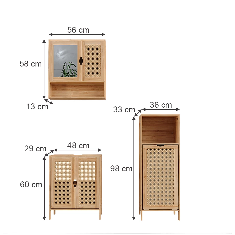 Badmöbel-Set in Bambù su sfondo bianco con dimensioni visibili