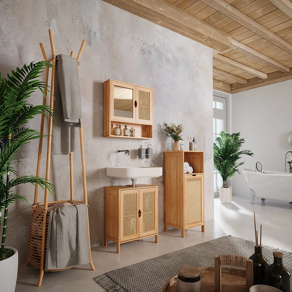 Badmöbel-Set in Bambù, mostrato in un ambiente ambientale con decorazioni