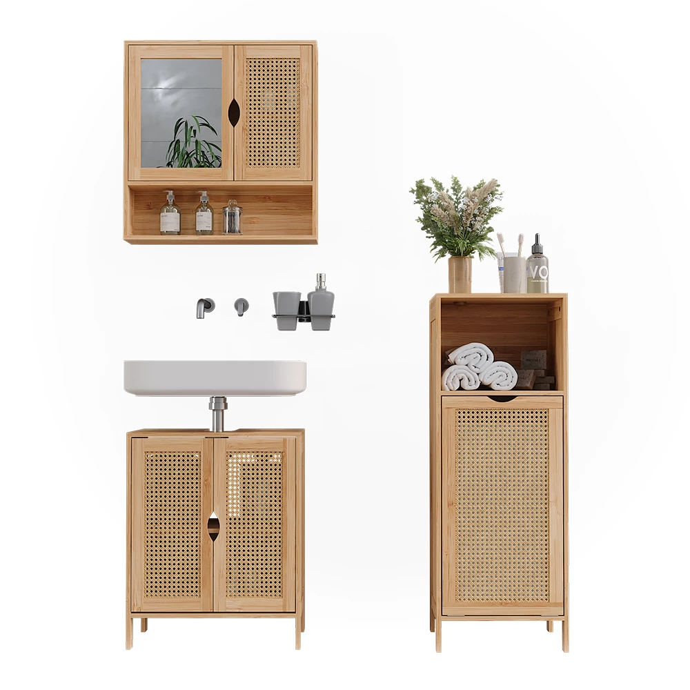 Badmöbel-Set in Bambù su sfondo bianco con elementi decorativi