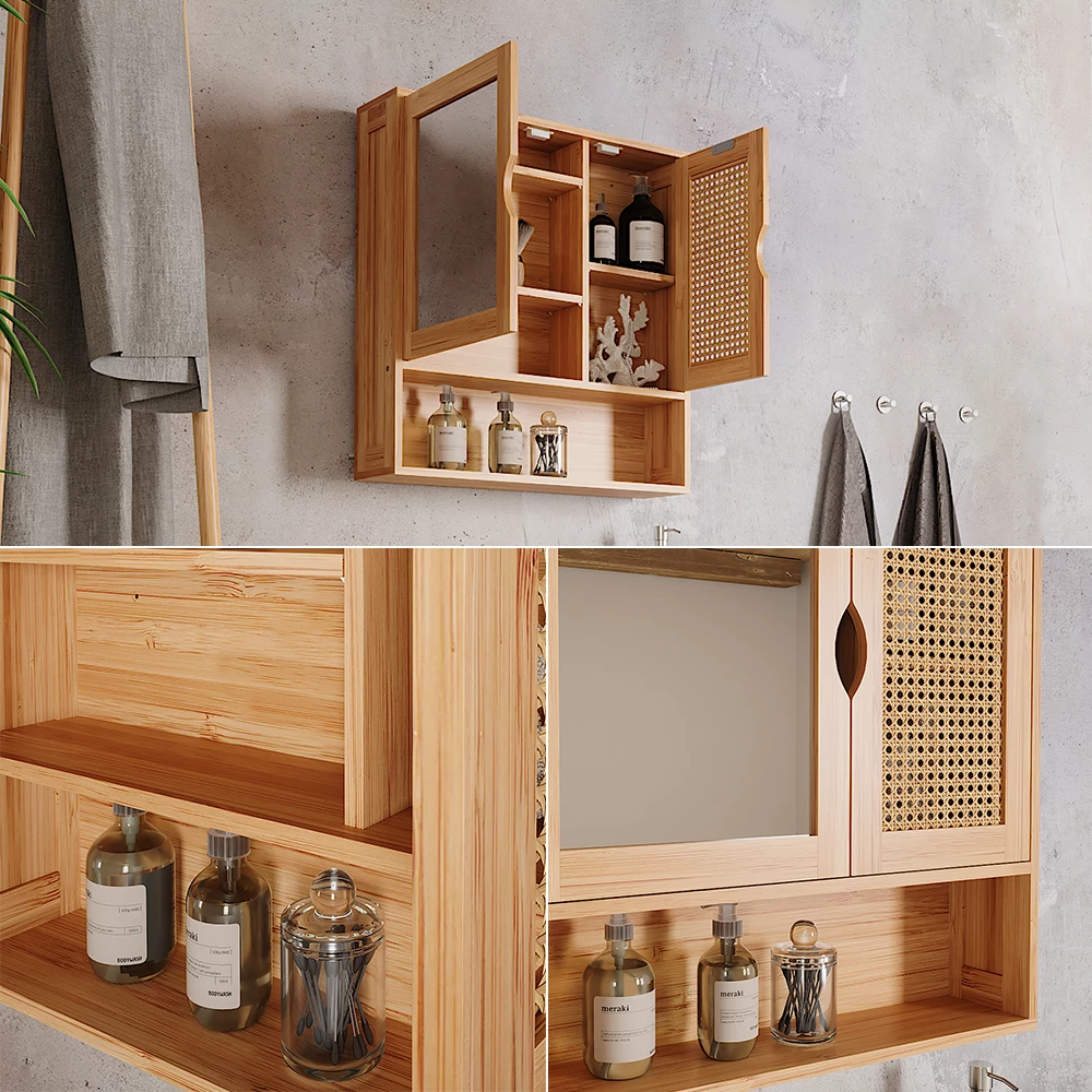 Vicco Badkamerspiegelkast Bamboe/rotan 56 x 58 cm met spiegel, Liora
