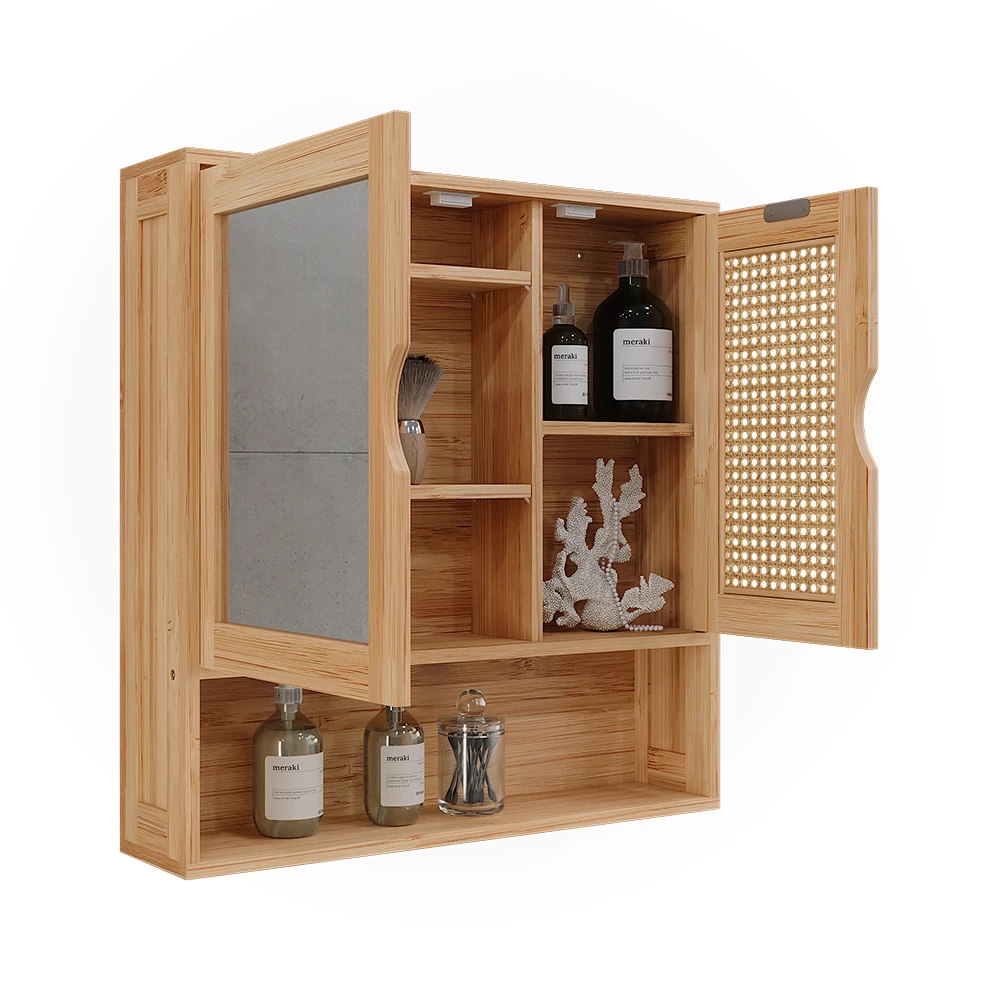 Vicco Badkamerspiegelkast Bamboe/rotan 56 x 58 cm met spiegel, Liora