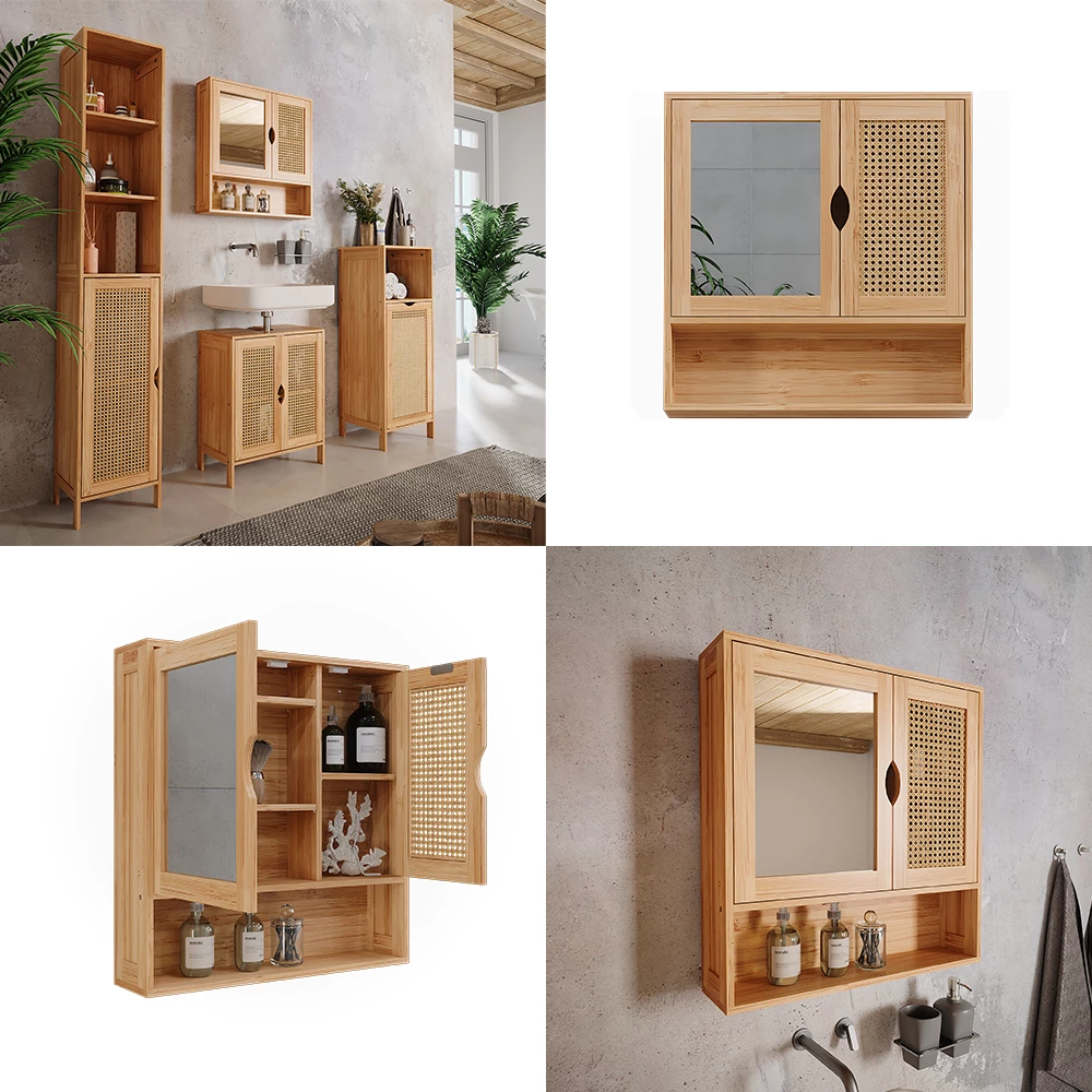 Vicco Badkamerspiegelkast Bamboe/rotan 56 x 58 cm met spiegel, Liora