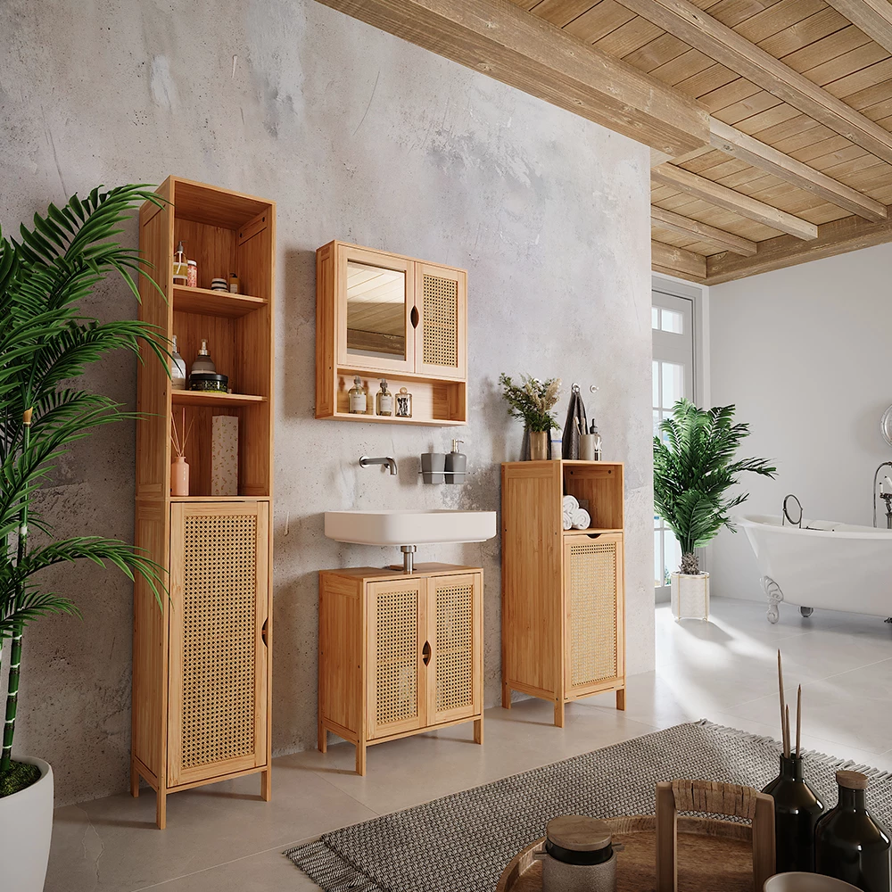 Badmöbel-Set in Bambù, mostrato in un ambiente ambientale con decorazioni