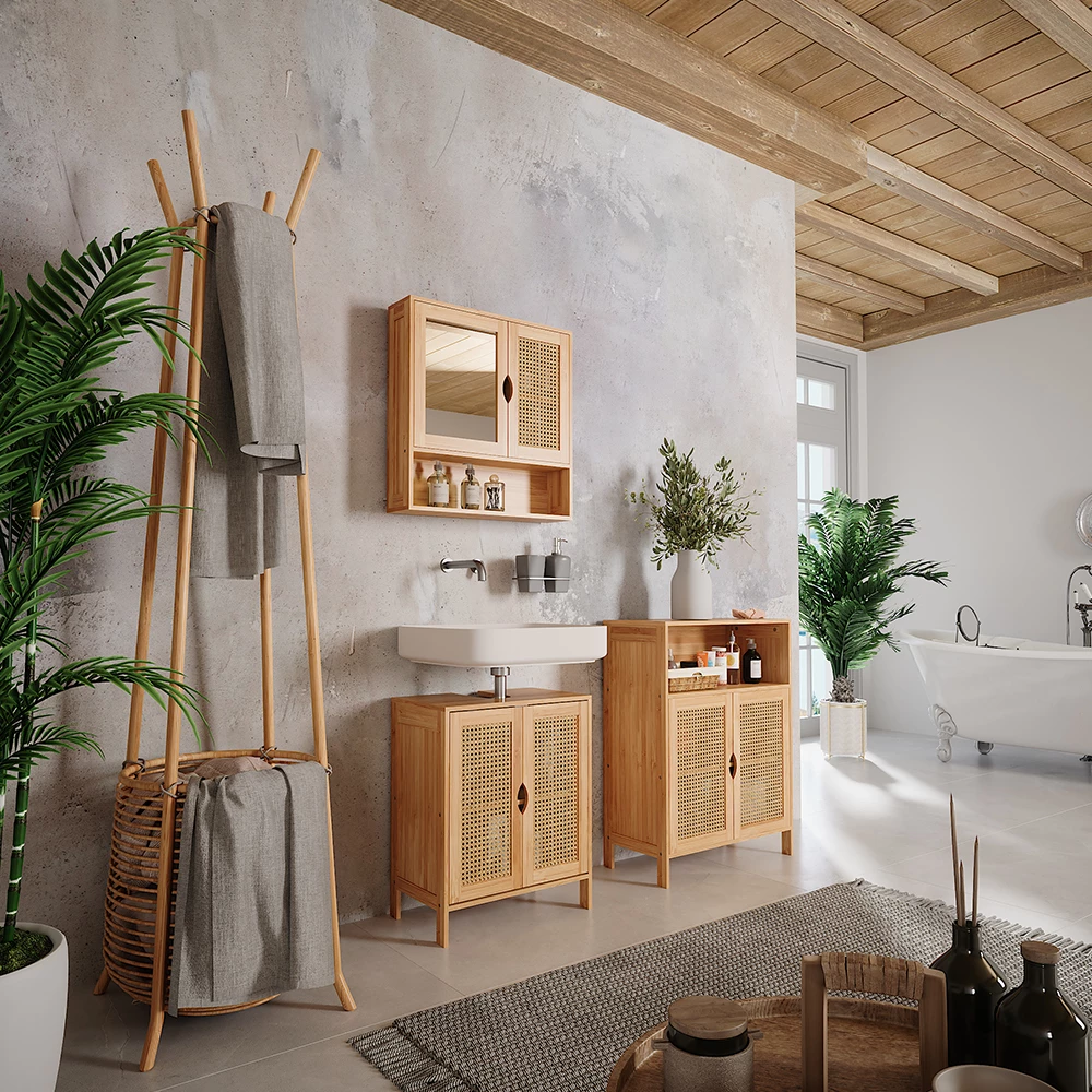 Badmöbel-Set en Bambou, présenté dans un décor ambiant avec décoration