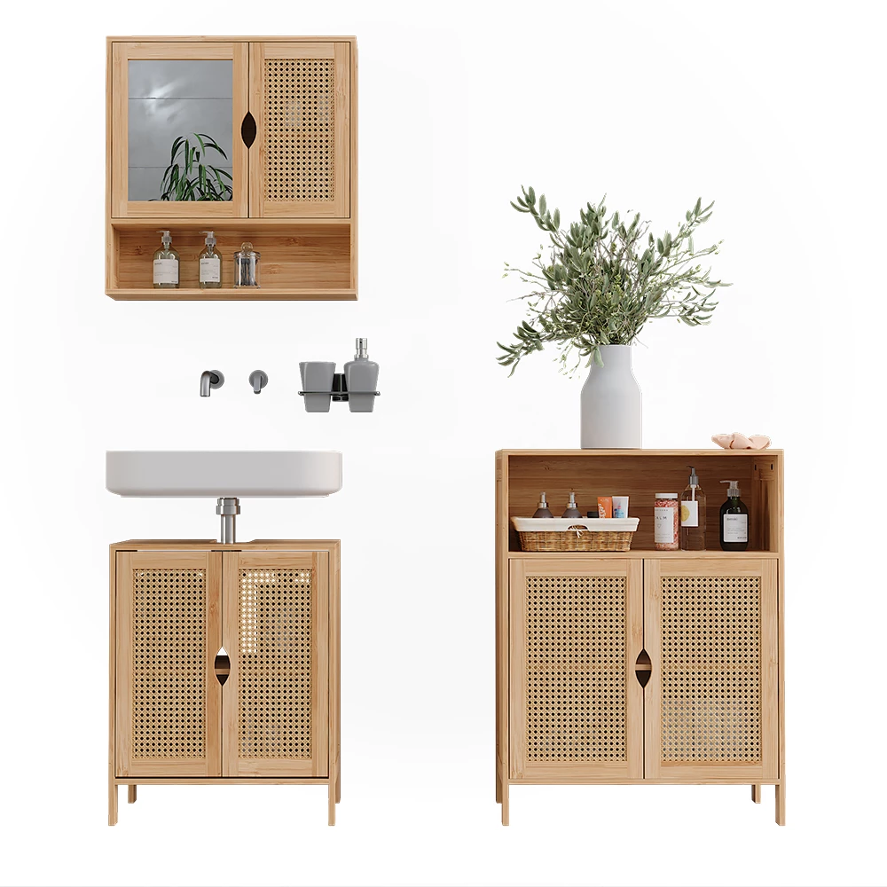 Badmöbel-Set en Bambou sur fond blanc avec des éléments décoratifs