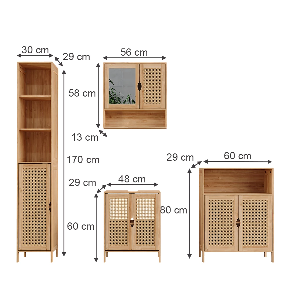 Badmöbel-Set in Bambus auf weißem Hintergrund mit sichtbaren Maßen