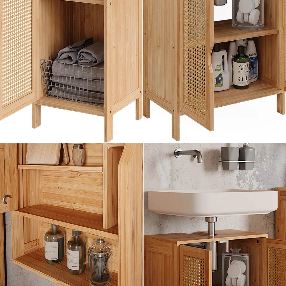 Nahaufnahme von Badmöbel-Set in Bambus, zeigt Textur/Details