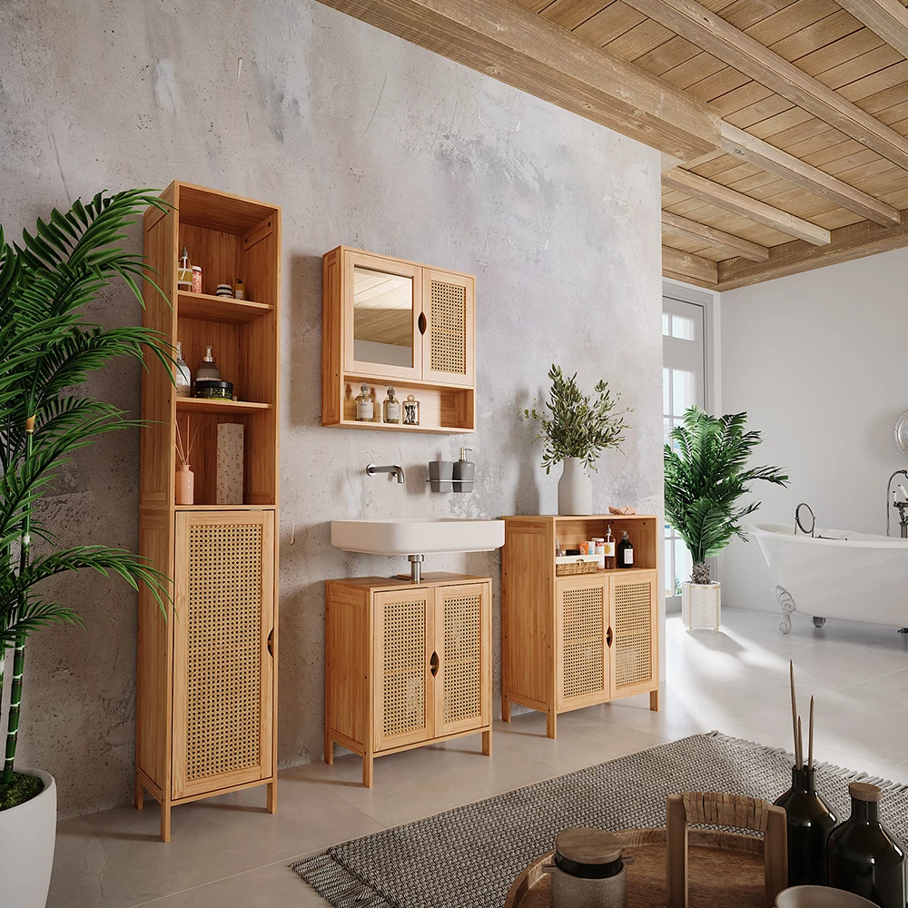 Badmöbel-Set in Bambus, dargestellt im Ambiente mit Dekoration