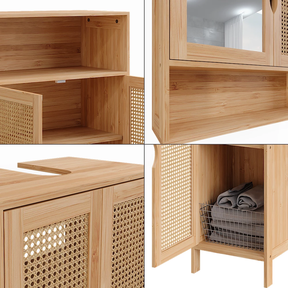 Nahaufnahme von Badmöbel-Set in Bambus, zeigt Design- und Oberflächendetails