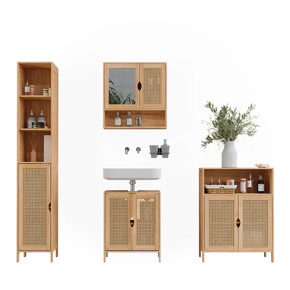 Badmöbel-Set in Bambus auf weißem Hintergrund mit dekorativen Elementen