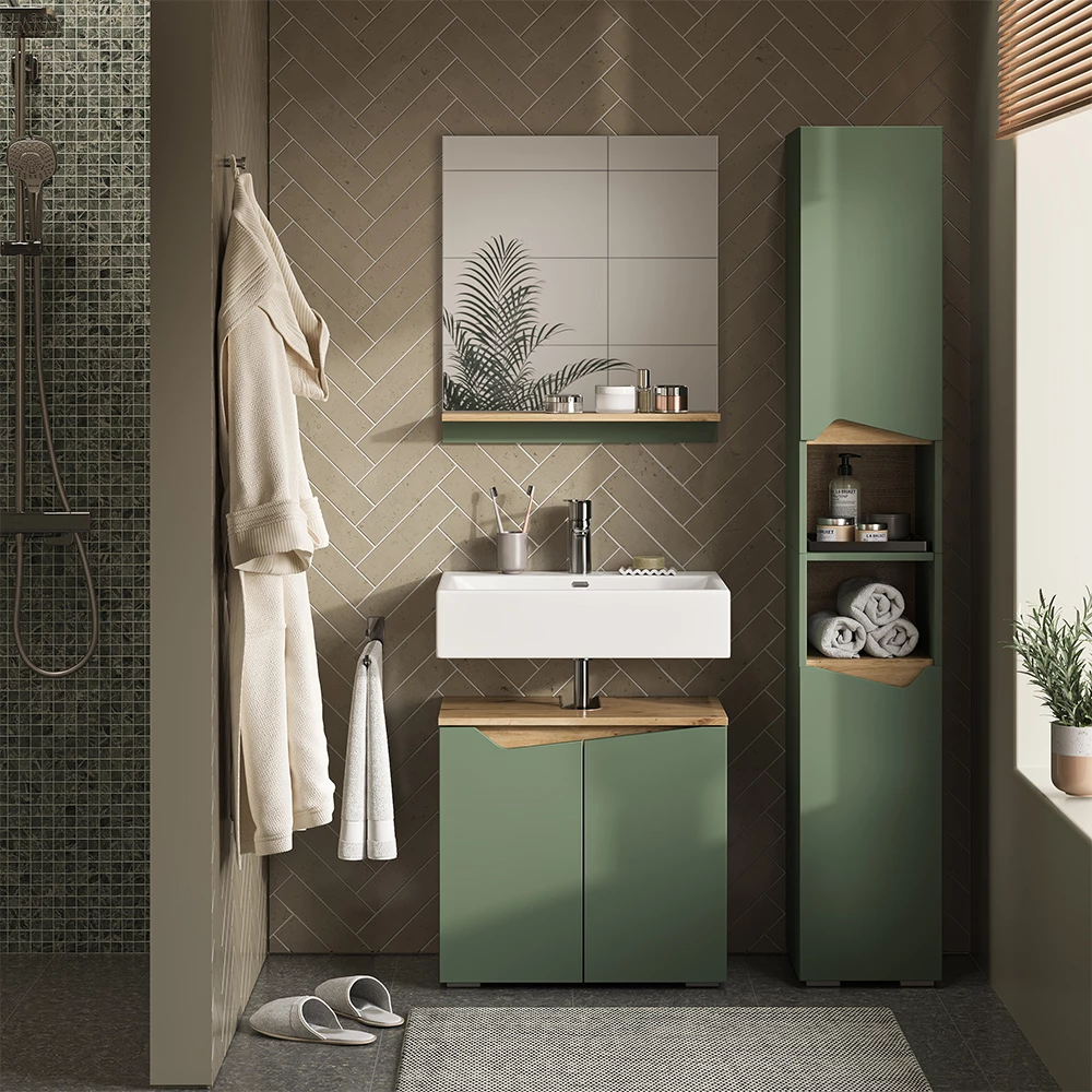 Vicco Badschrank Grün/Artisan 30 x 180 cm mit Türen und offenen Fächern, Marelle