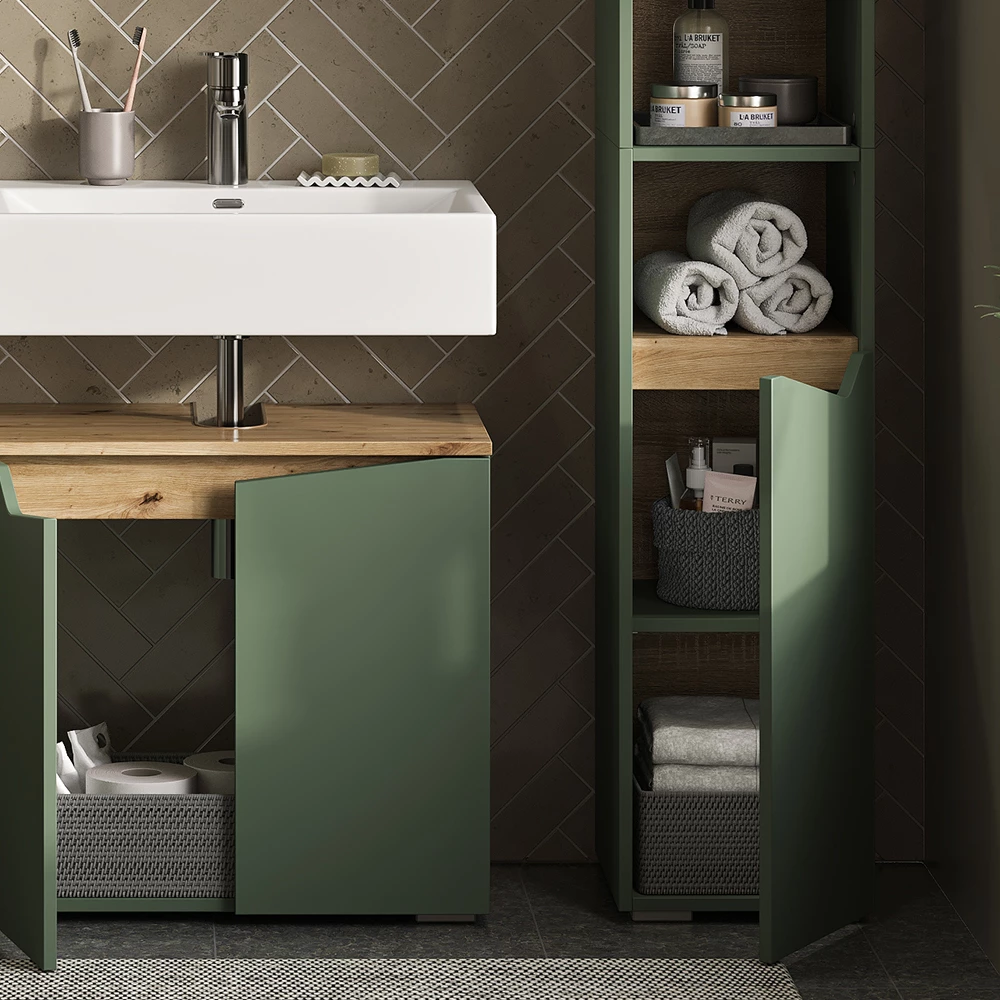 Vicco Badschrank Grün/Artisan 30 x 180 cm mit Türen und offenen Fächern, Marelle