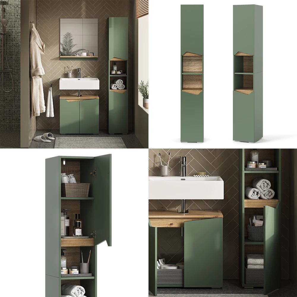 Vicco Badschrank Grün/Artisan 30 x 180 cm mit Türen und offenen Fächern, Marelle