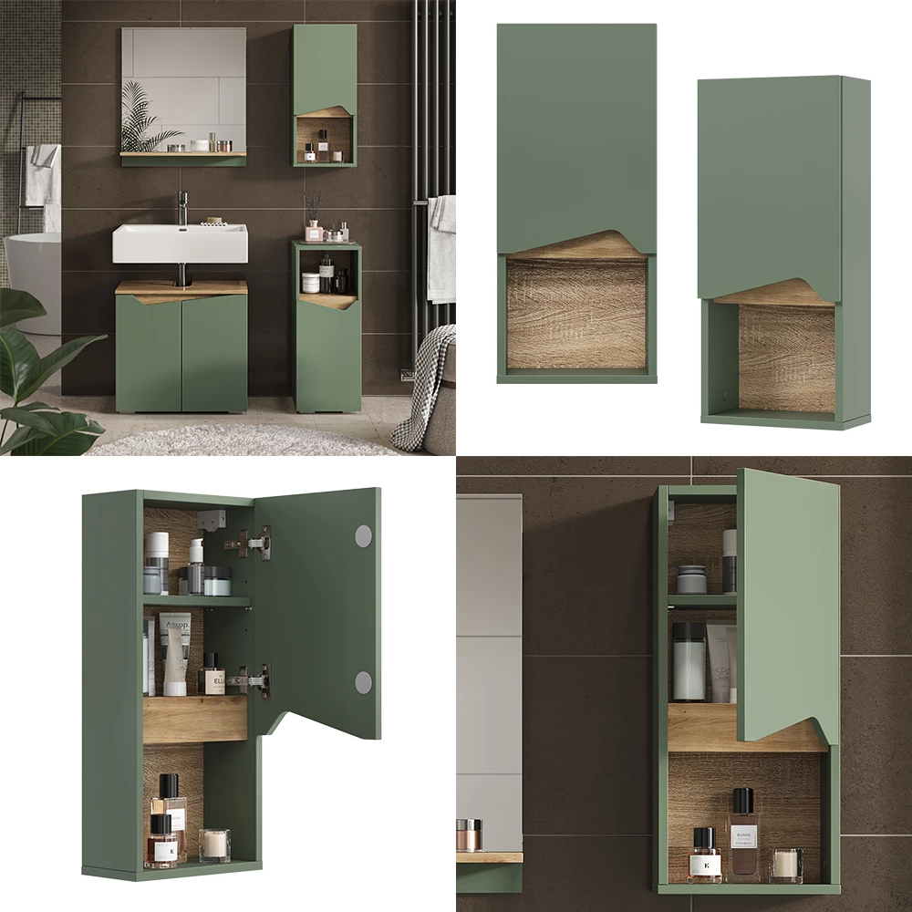 Vicco Badschrank Grün/Artisan 30 x 67 cm mit Tür und offenem Fach, Marelle