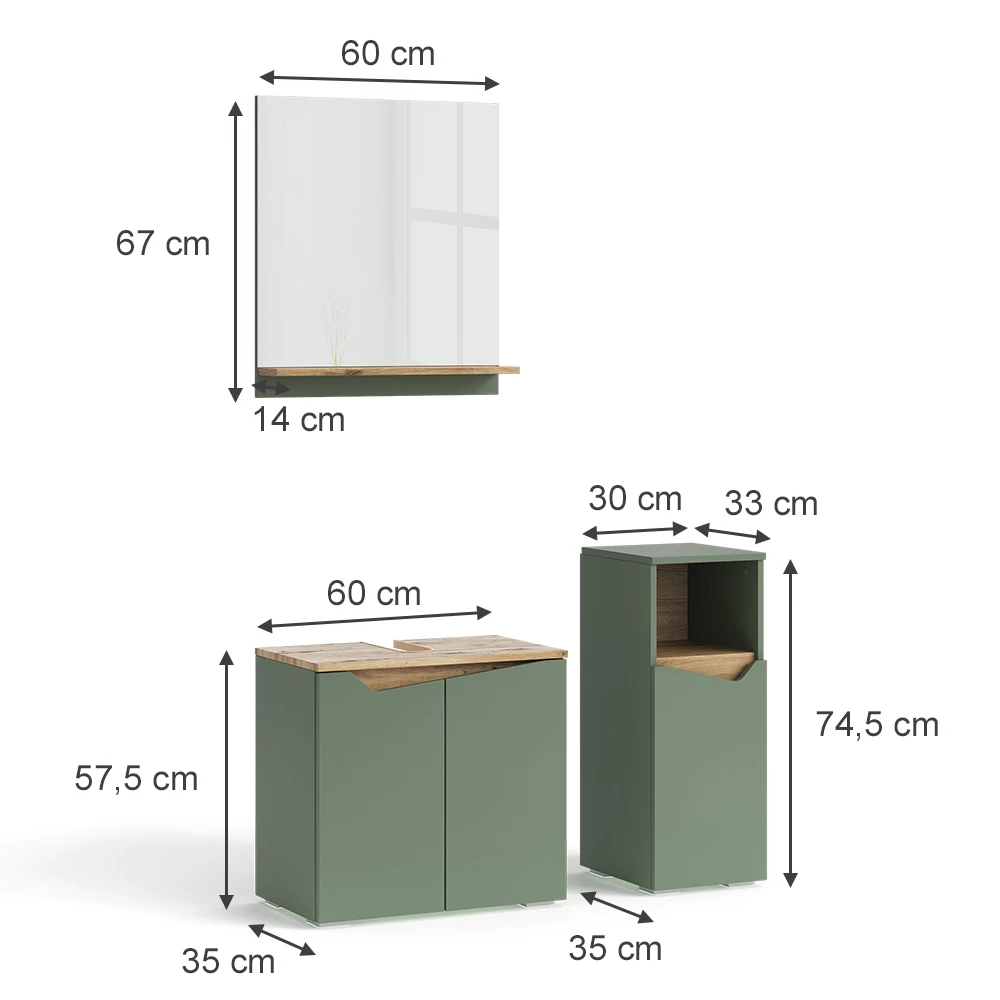 Vicco Badmöbel-Set Grün/Artisan 3 Teile, mit Midischrank, Marelle