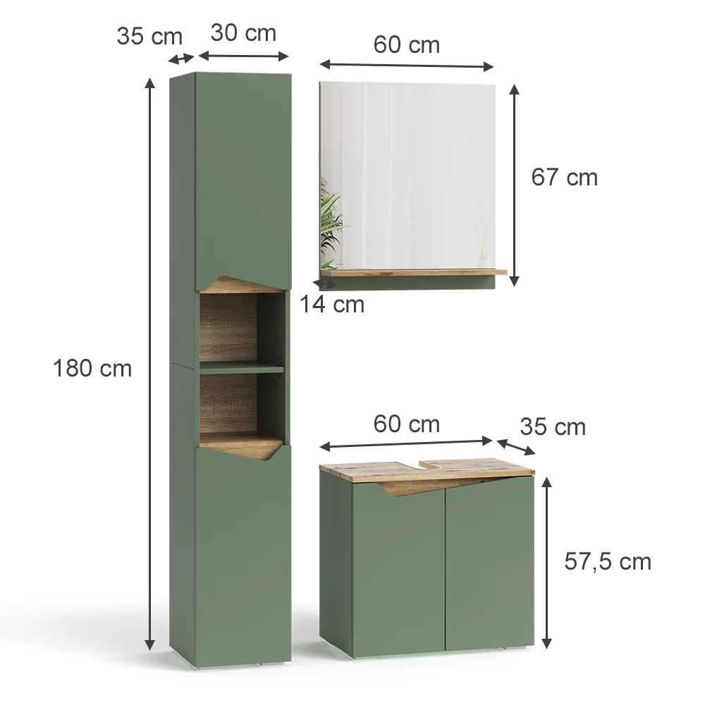 Vicco Badkamermeubelset Groen/Kunstzinnig 3 delen, met hoge eenheid, Marelle