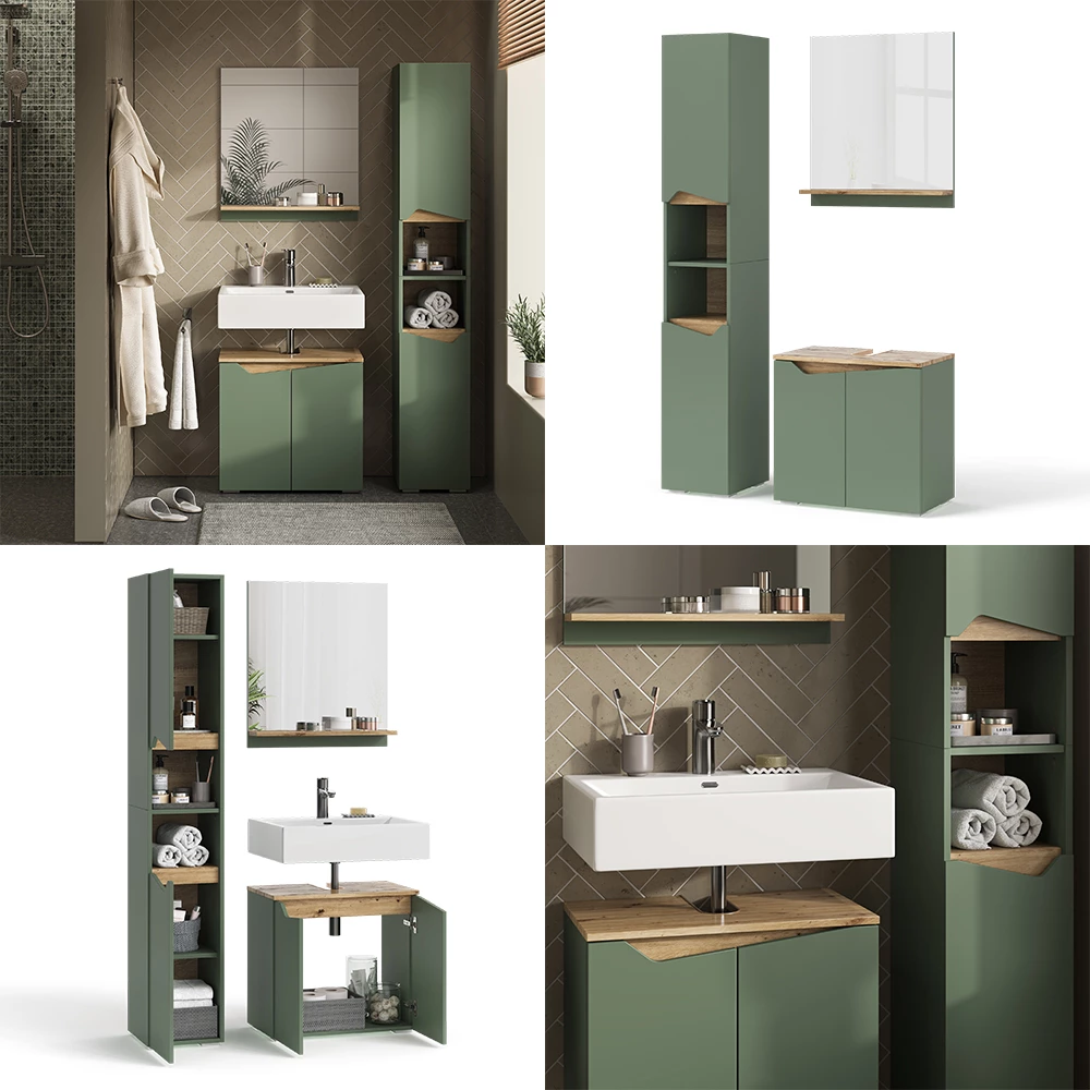 Vicco Badkamermeubelset Groen/Kunstzinnig 3 delen, met hoge eenheid, Marelle
