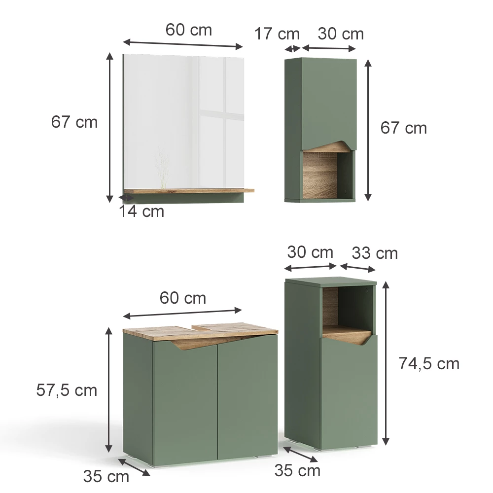 Vicco Badkamermeubelset Groen/Kunstzinnig 4 Teile, Marelle