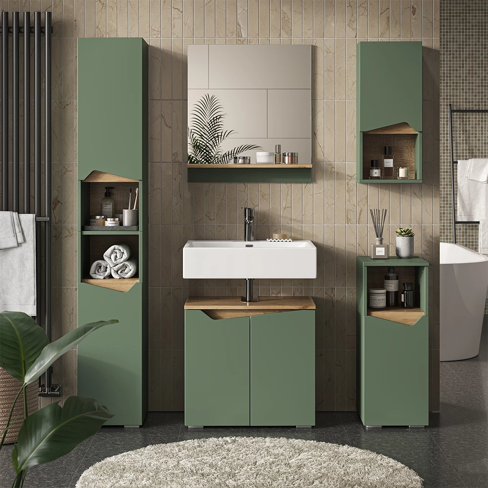 Set di mobili da bagno in Verde/Artigianale, mostrato in un ambiente ambientale con decorazioni