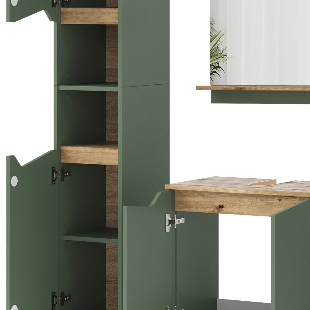 Primo piano di Set di mobili da bagno in Verde/Artigianale, mostrando design e dettagli della superficie