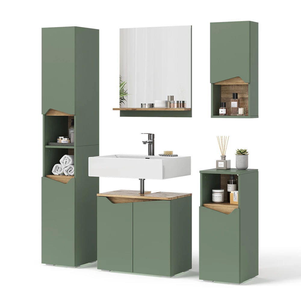 Set di mobili da bagno in Verde/Artigianale su sfondo bianco con elementi decorativi