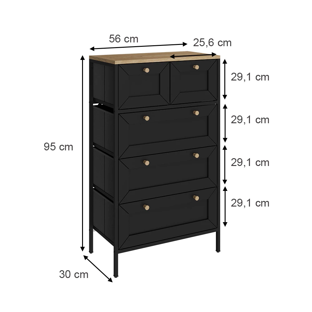 Vicco Komoda Črna 56 x 95 cm s 5 predali, Belaro