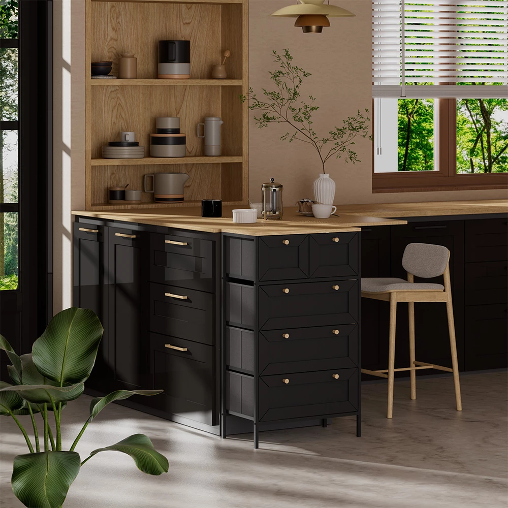 Kommode in Schwarz auf weißem Hintergrund