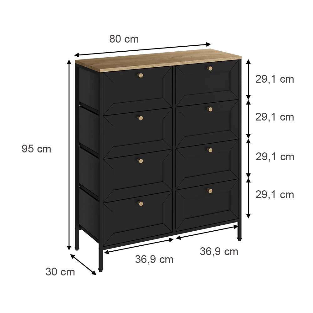 Vicco Masă laterală Negru 80x95 cmcu 8 sertare, Belaro