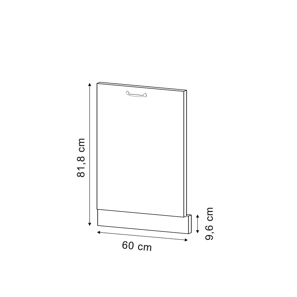Opvaskemaskinens frontpanel i farven Antracit landhus på hvid baggrund med synlige dimensioner