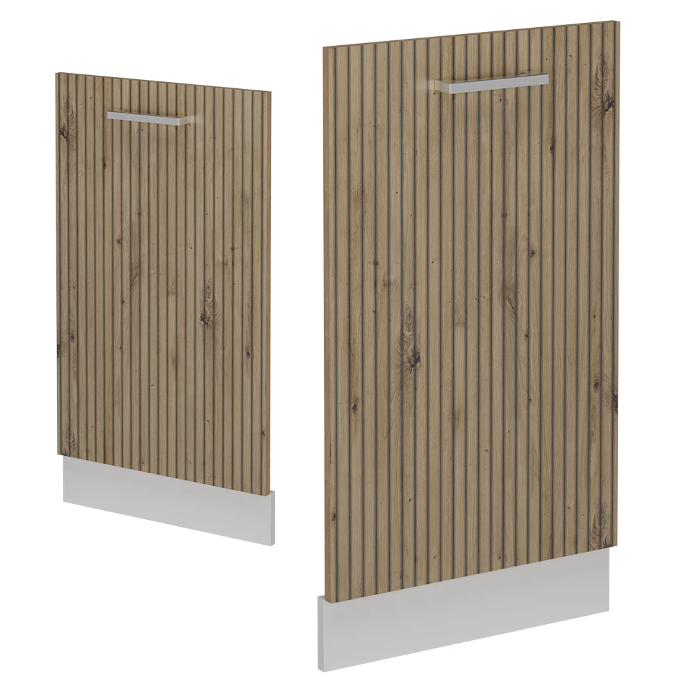 Façade de lave-vaisselle en Chêne Artisan sur fond blanc avec des éléments décoratifs