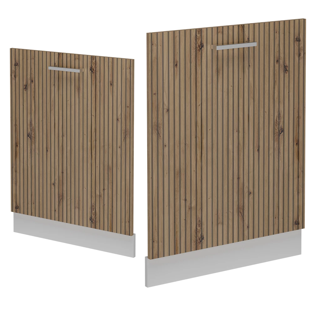 Façade de lave-vaisselle en Chêne Artisan sur fond blanc avec des éléments décoratifs