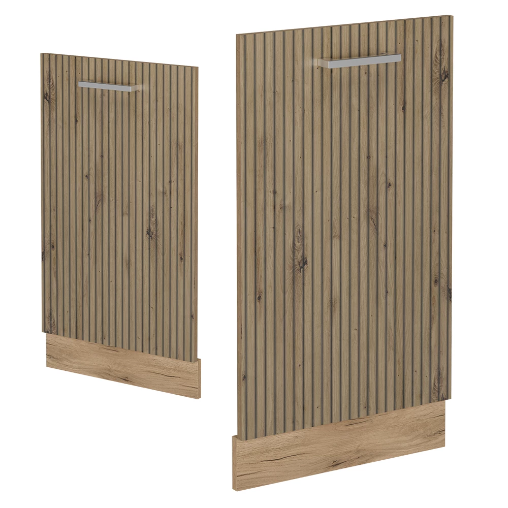 Façade de lave-vaisselle en Chêne Artisan sur fond blanc avec des éléments décoratifs