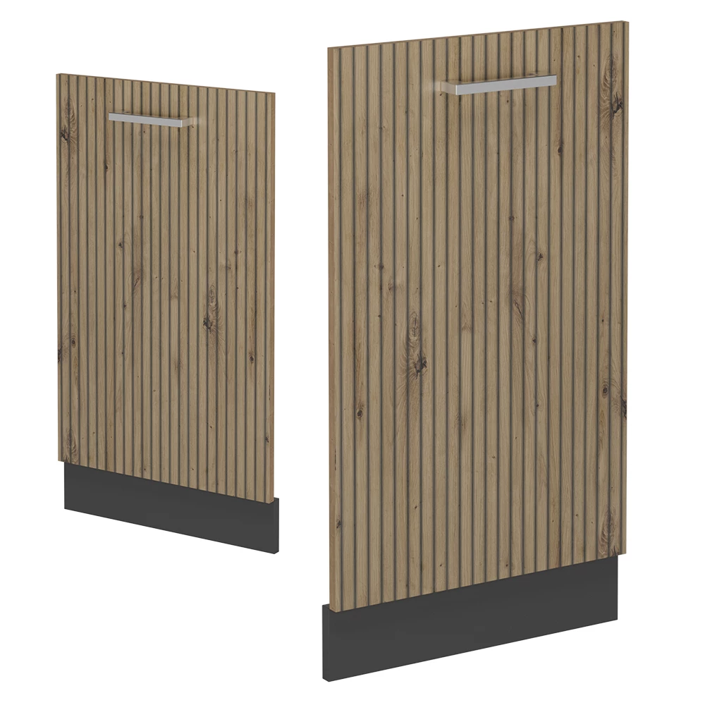 Façade de lave-vaisselle en Chêne Artisan sur fond blanc avec des éléments décoratifs