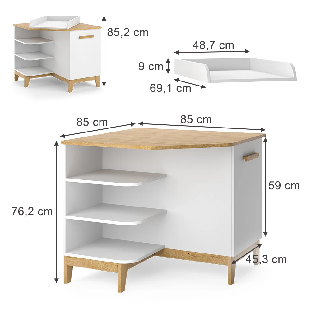 Vitalispa Luiertafel Wit/eiken 85 x 85.2 cm met deur, Malia