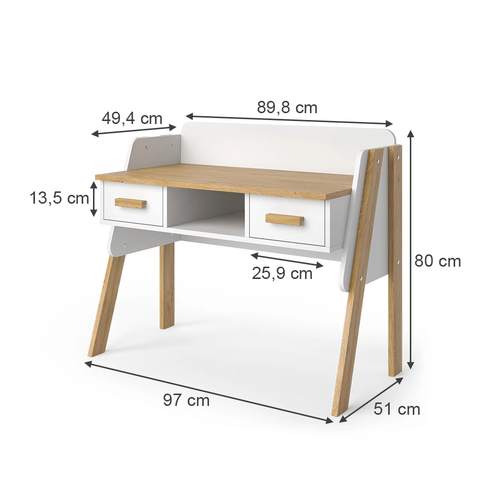 Schreibtisch in Weiß auf weißem Hintergrund mit sichtbaren Maßen