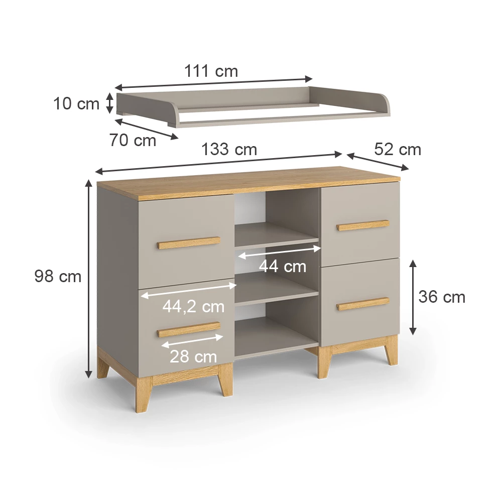 Vitalispa Wickelkommode Cashmere-Eiche 133 x 108 cm XL mit 4 Schubladen, Malia
