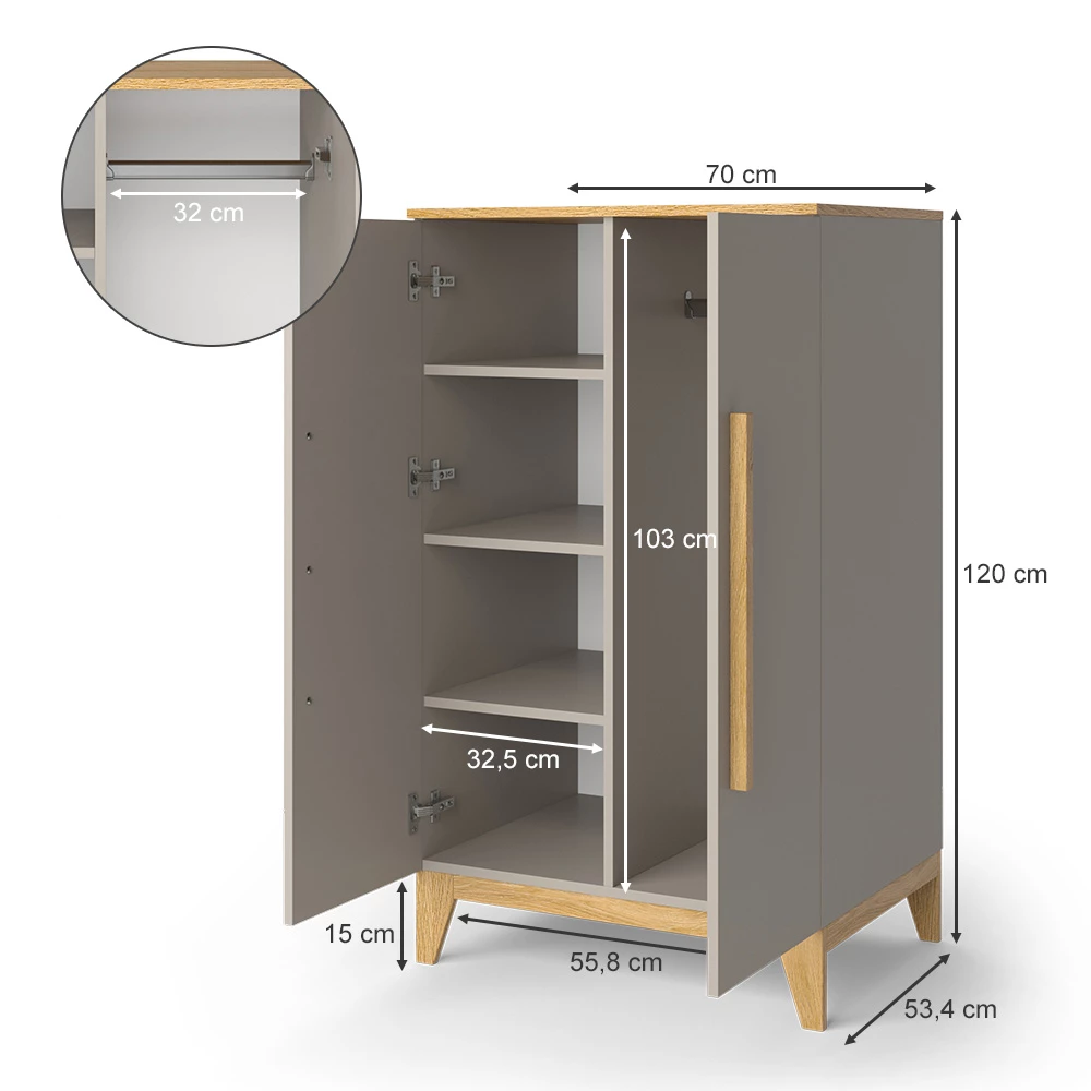 Vitalispa Kinderkleiderschrank Cashmere-Eiche 70 x 120 cm, Malia